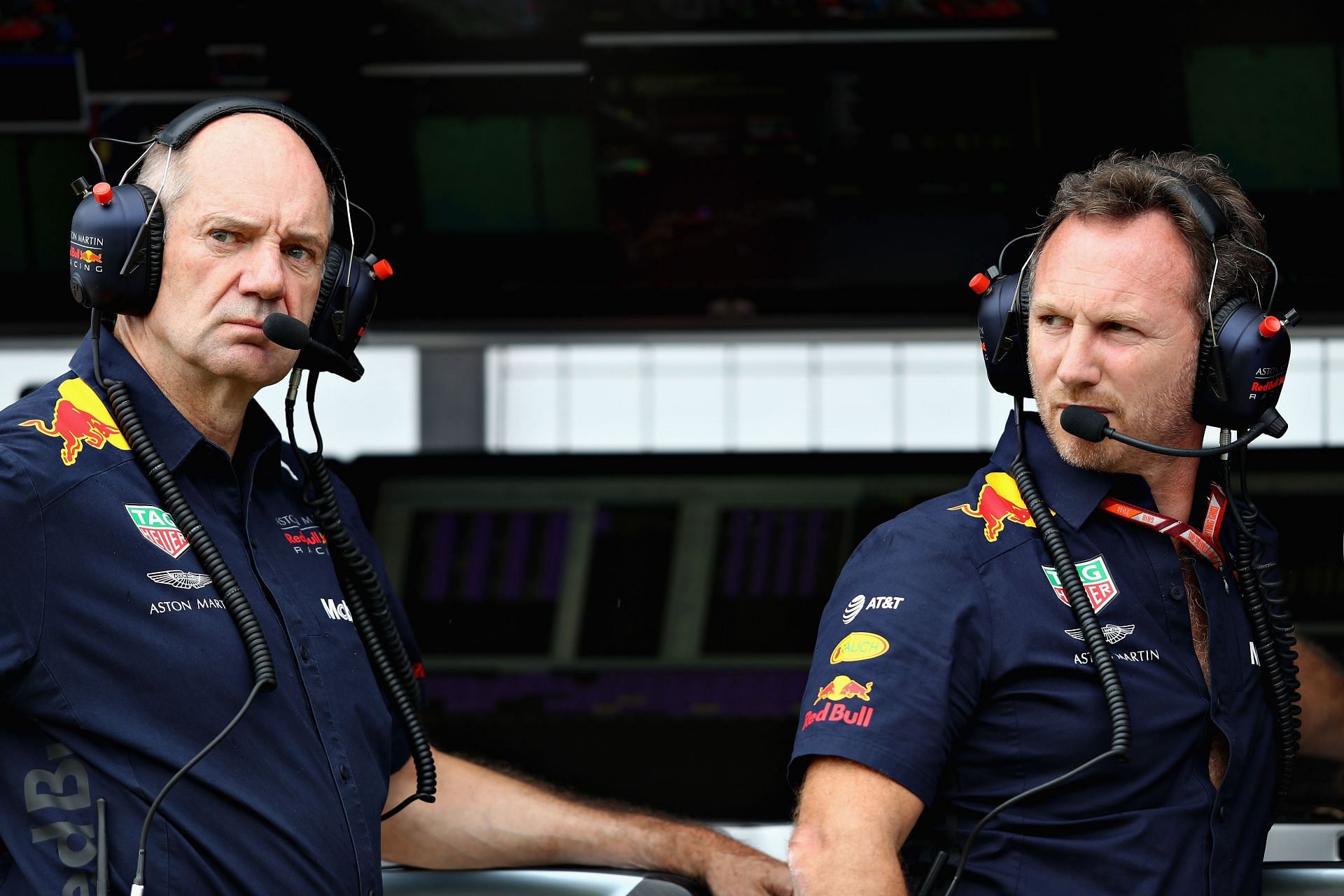 Adrian Newey (left) with Christan Horner (right) on Red Bull&#039;s pitwall at the 2021 French Grand Prix