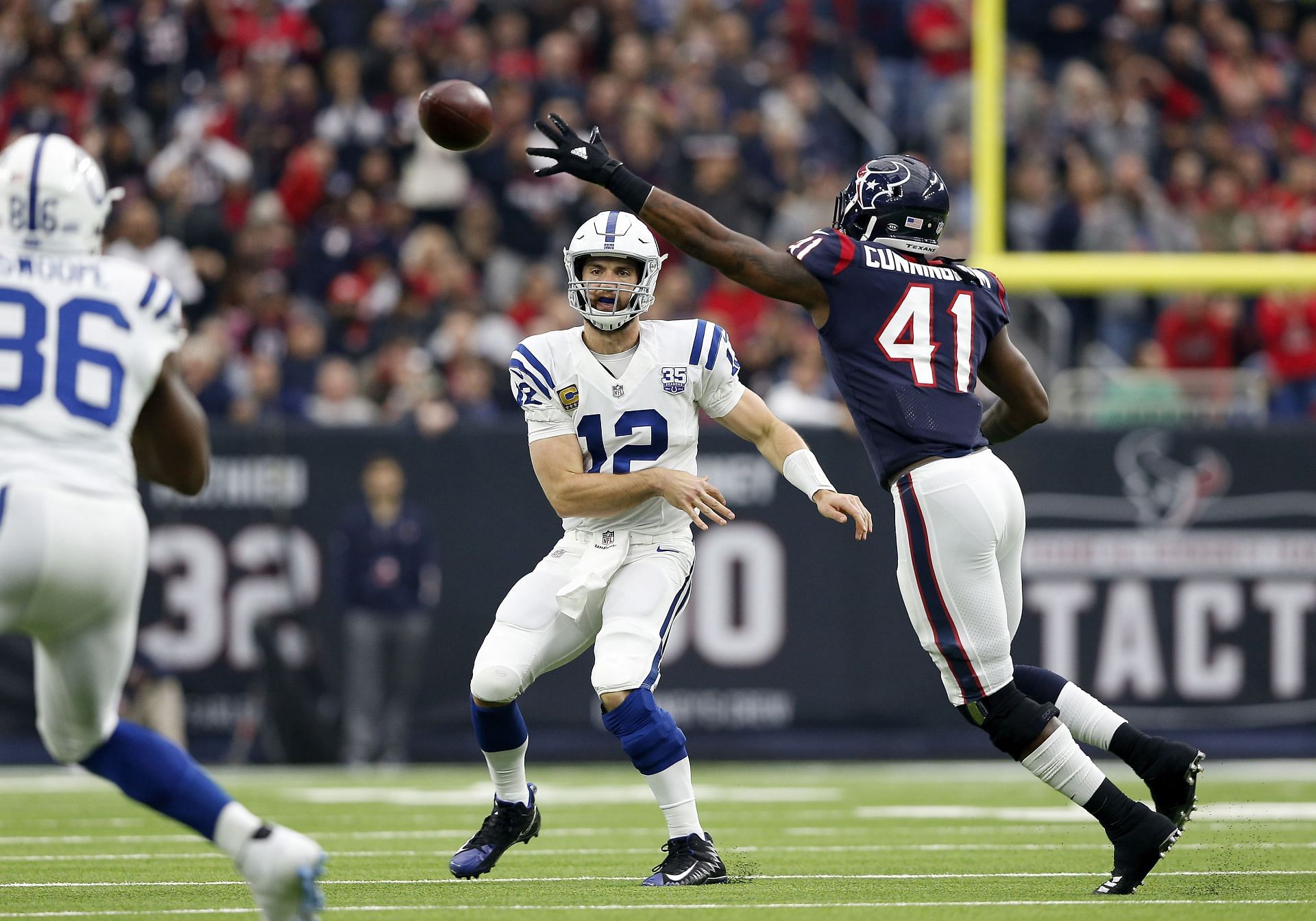 Zach Cunningham attempting to deflect a pass from Andrew Luck in 2018