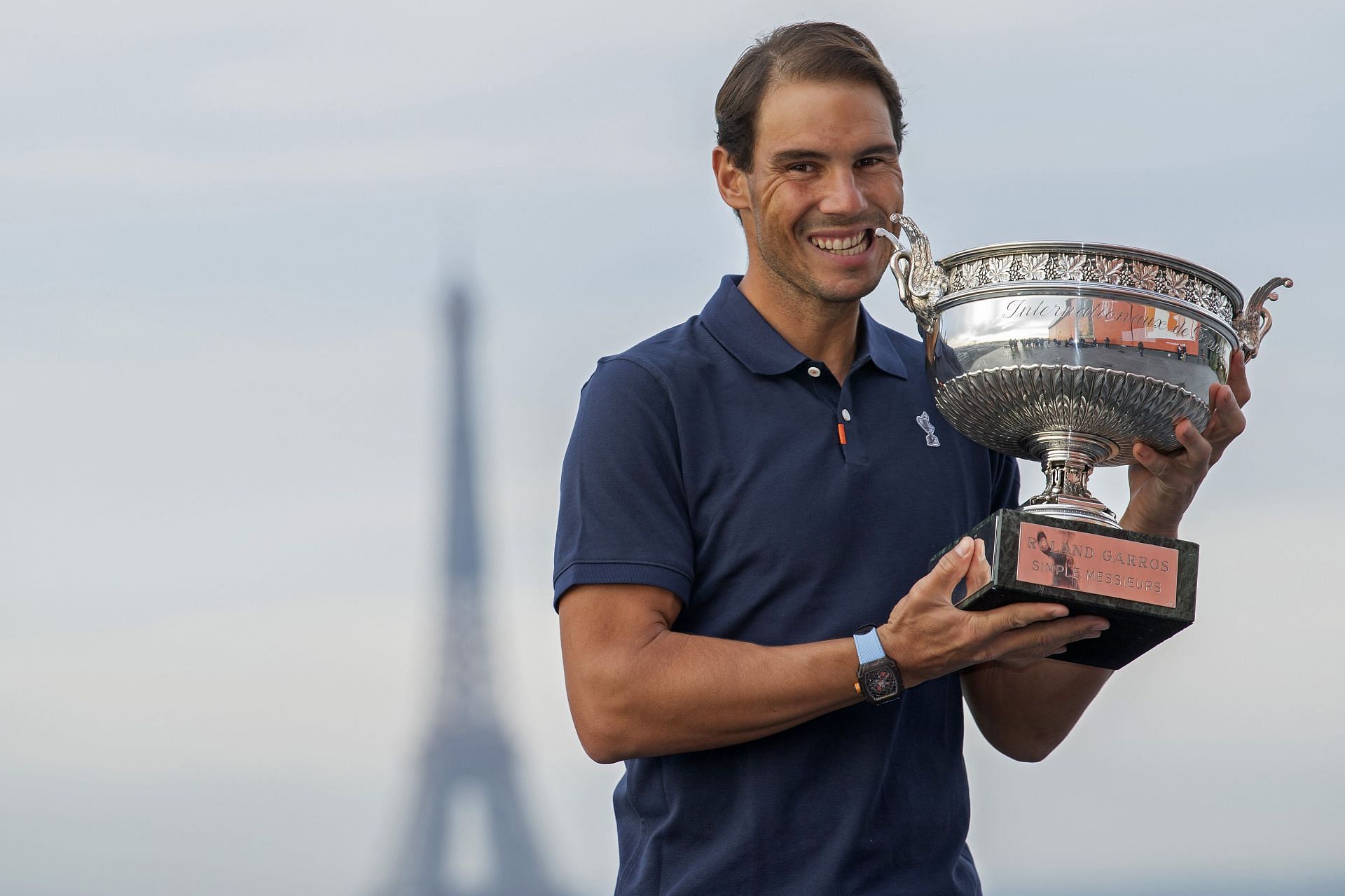 Rafael Nadal with the 2020 Roland Garros trophy, wearing the RM 27-04 Tourbillon