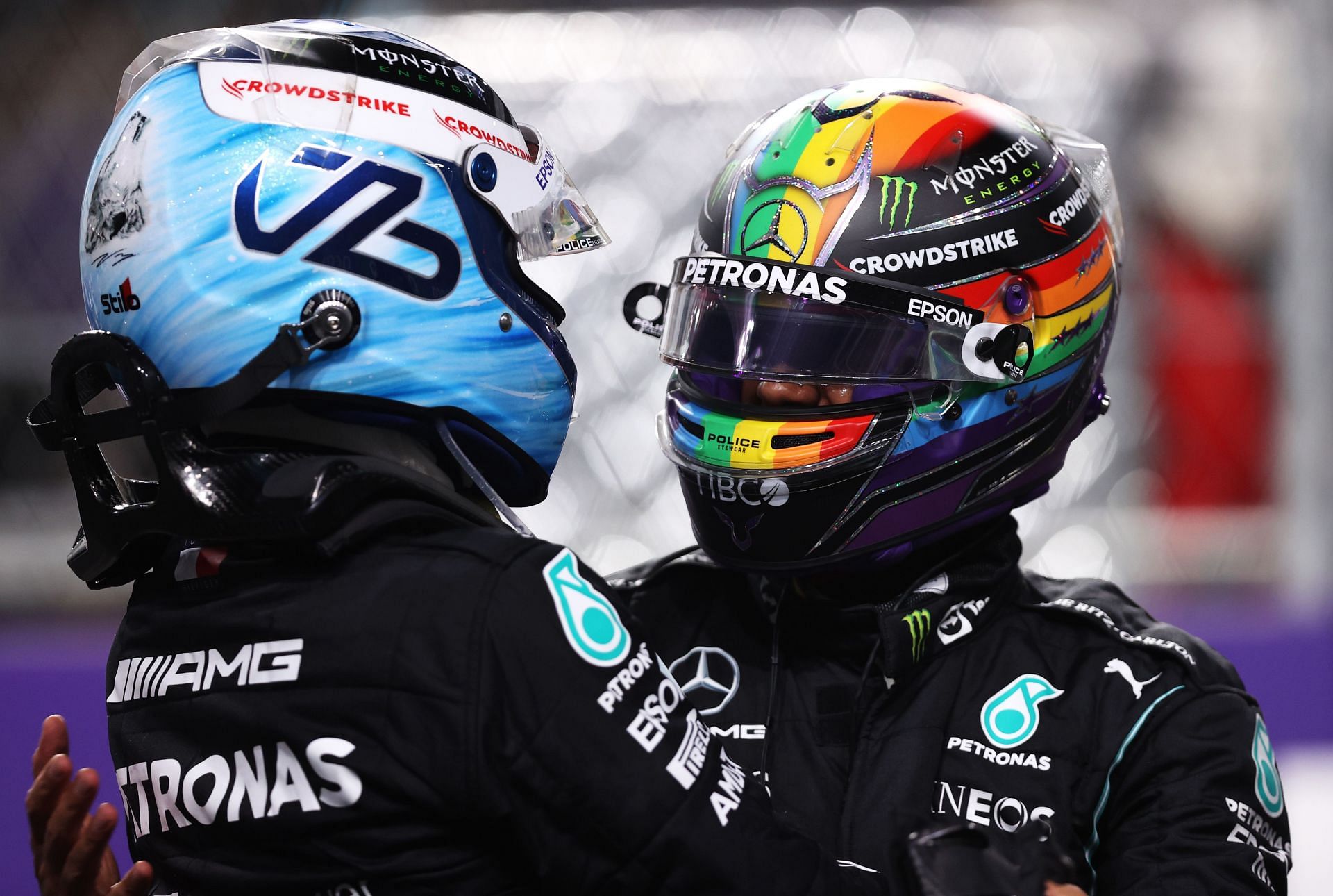 Pole position qualifier Lewis Hamiltonand second place qualifier Valtteri Bottas celebrate in parc ferme during qualifying ahead of the 2021 Saudi Arabian Grand Prix. (Photo by Lars Baron/Getty Images)