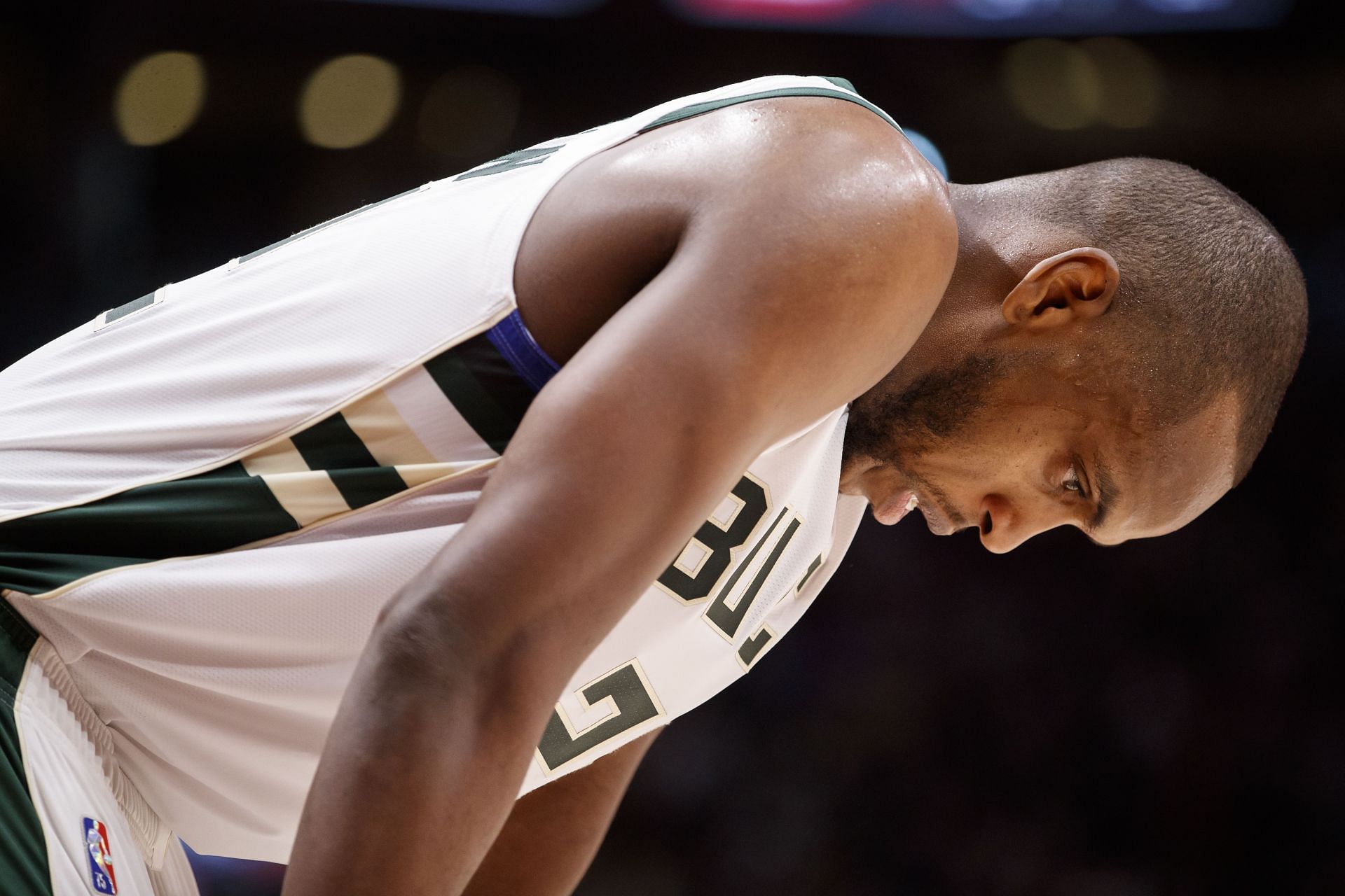Khris Middleton #22 of the Milwaukee Bucks pauses at the whistle during the second half of their NBA game against the Toronto Raptors