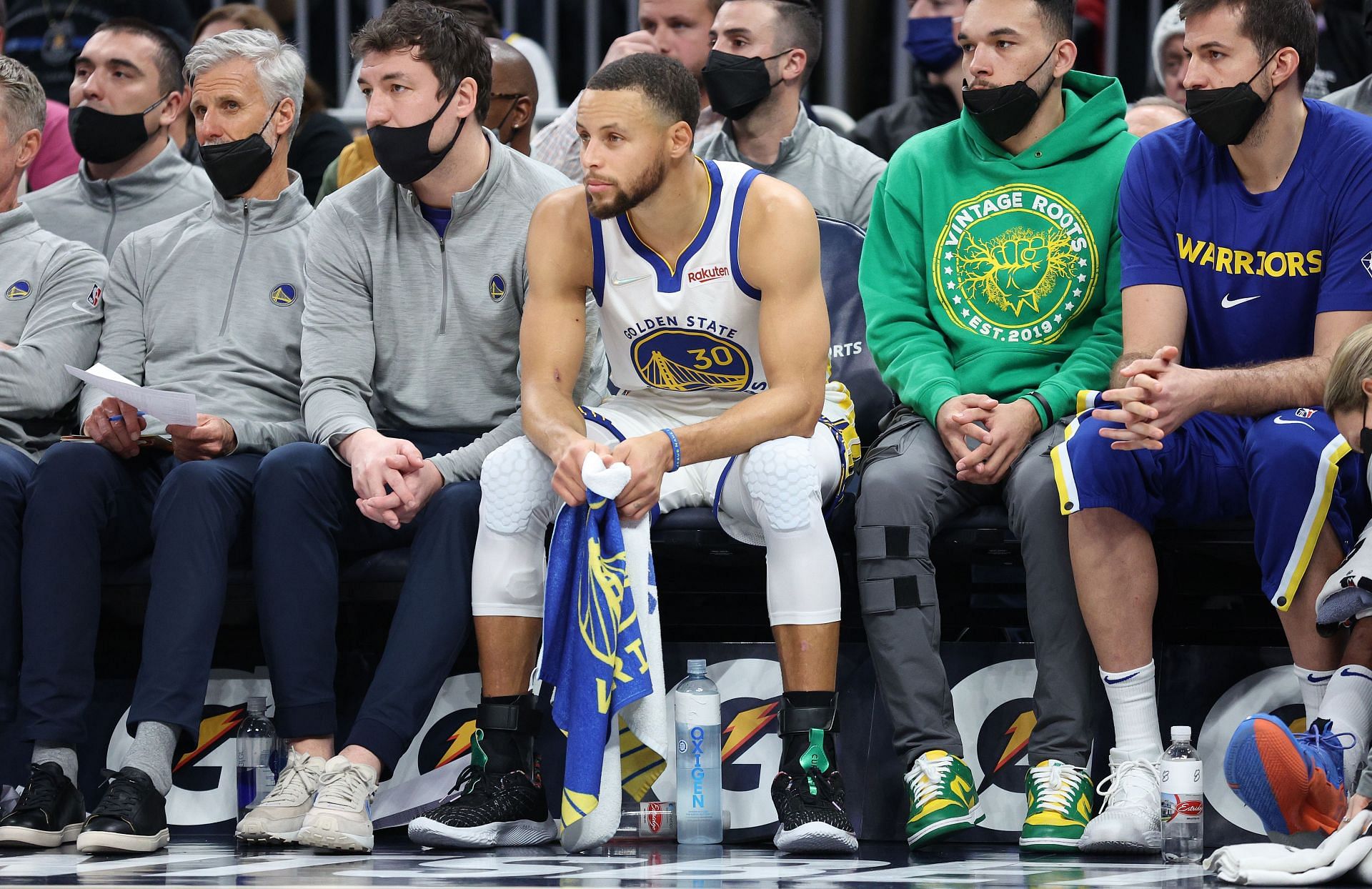 Steph Curry on the Golden State Warriors bench.