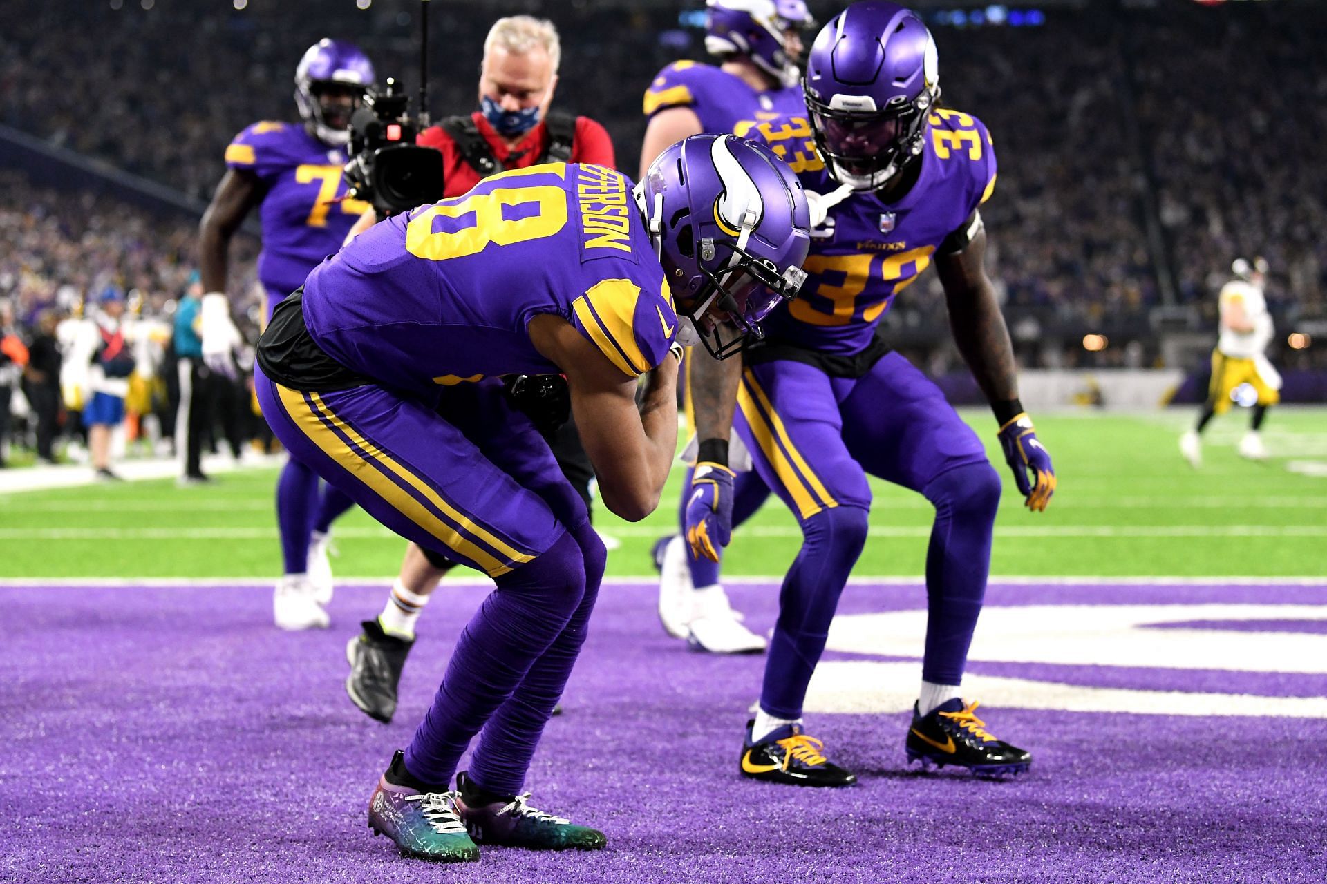 Minnesota Vikings wide receiver Justin Jefferson celebrating a touchdown catch