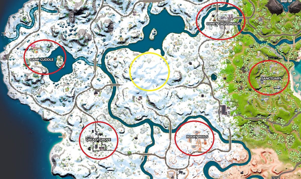 Named locations are in red, POIs are in yellow. (Image via Fortnite.GG)