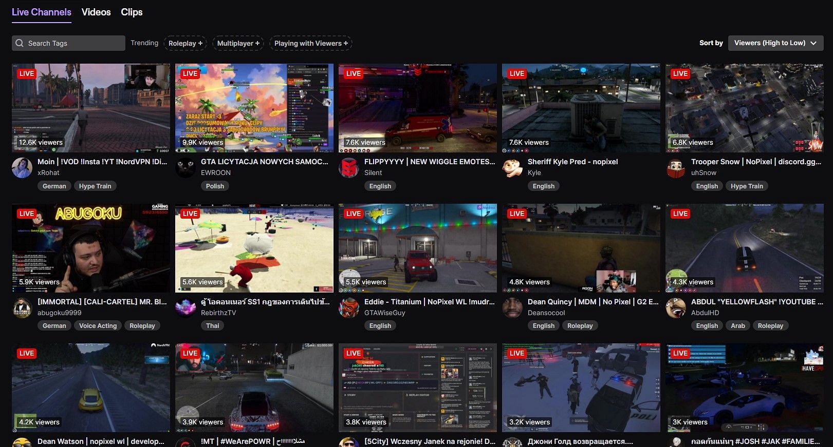 An example of the GTA 5 category&#039;s popularity being spread out (Image via Twitch)