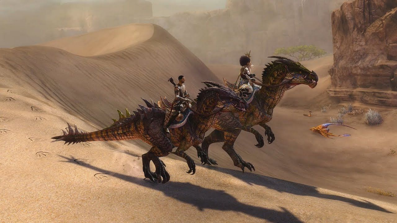 Exploration is better with your pet raptor (Image by ArenaNet)
