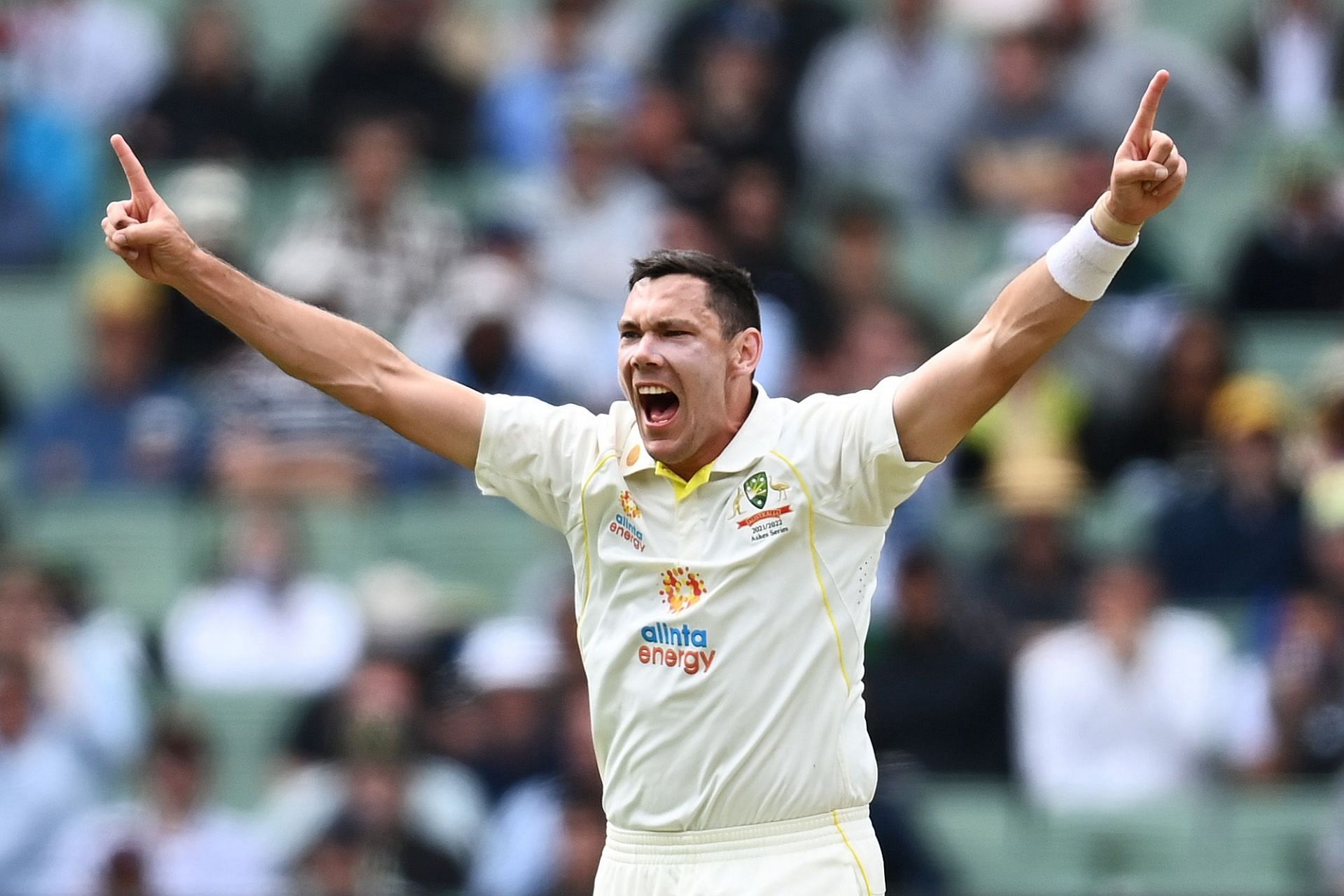 Scott Boland celebrates after taking his first Test wicket. Pic: Getty Images