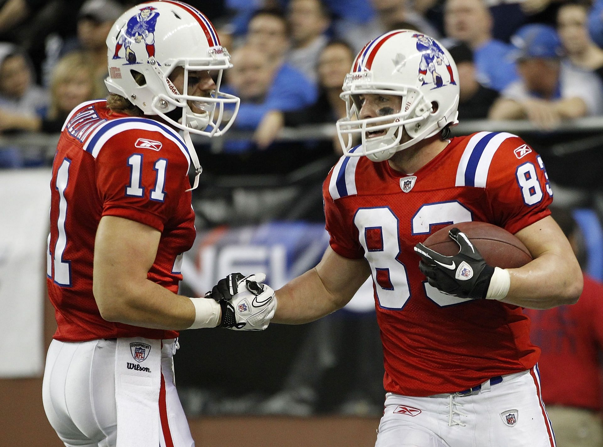 Julian Edelman (11) and Wes Welker adorned in the Pat Patriot throwbacks