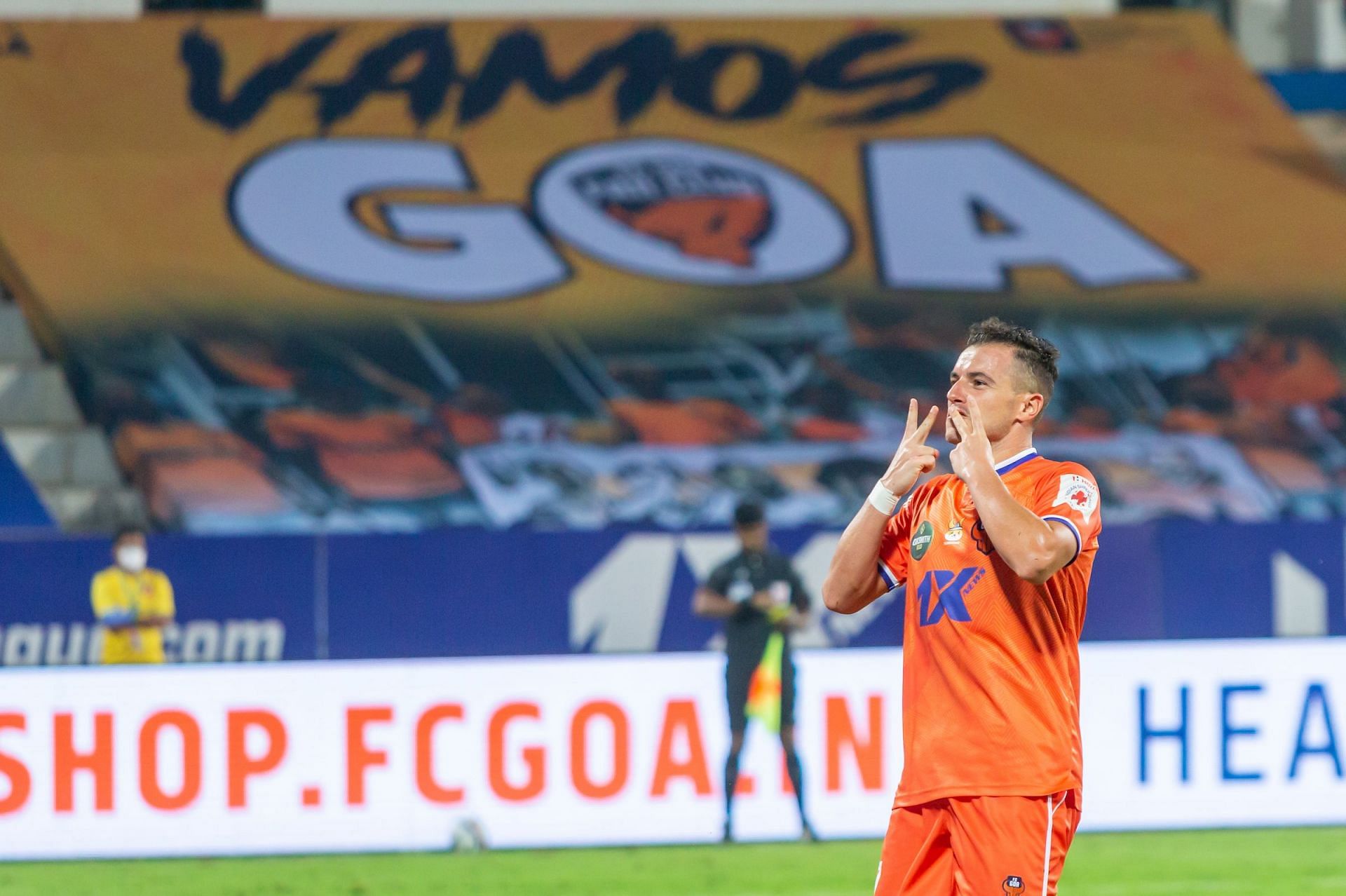 Airam Cabrera celebrates FC Goa&#039;s goal against Hyderabad FC. [Credits: ISL]