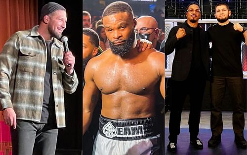 Brendan Schaub (left) Tyron Woodley (middle) Kevin Lee and Khabib Nurmagomedov (right) [image credits: @twooodley, @bredanschaub, @motownphenom]