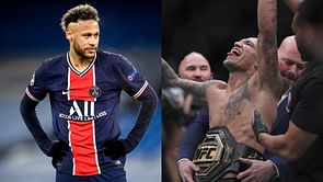 UFC lightweight champion Charles Oliveira spotted with Brazil and PSG star Neymar, poses with the 155-pound title