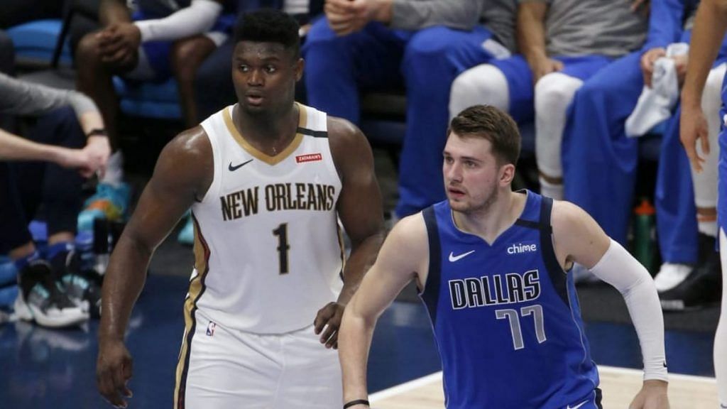 Luka Doncic of the Dallas Mavericks and Zion Williamson of the New Orleans Pelicans