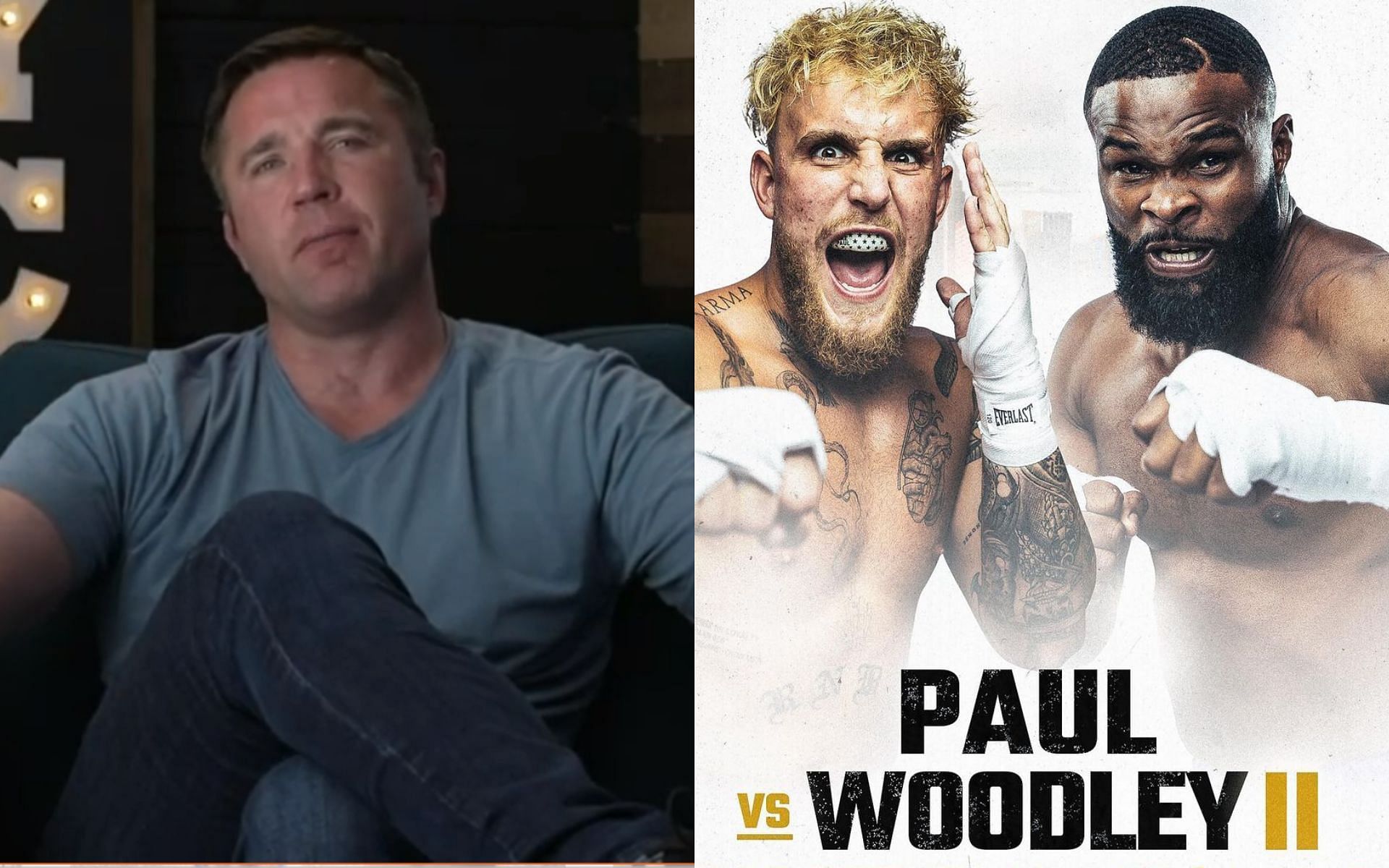 Chael Sonnen (L) and Jake Paul vs. Tyron Woodley 2 poster (R) via Instagram @sonnench and @twooodley
