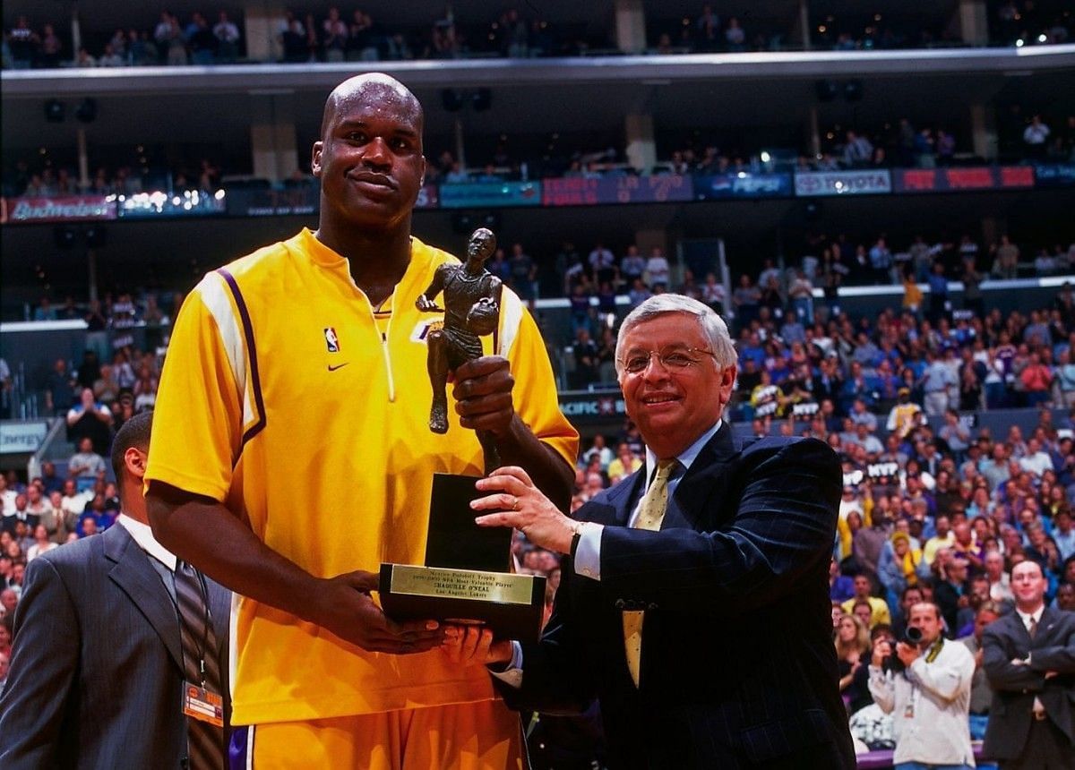 Shaquille O&#039;Neal with his MVP trophy