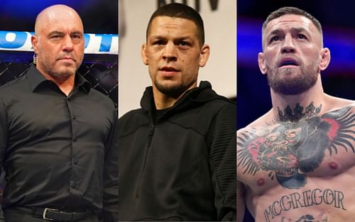 Joe Rogan (left); Nate Diaz (center); Conor McGregor (right)