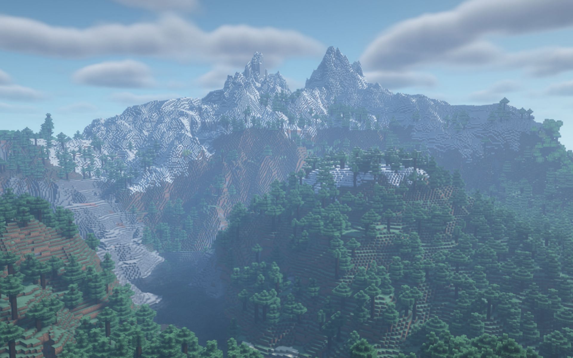 An image of a snowy peaks and mega taiga biome in Minecraft. (Image via u/bakeliteboi on Reddit)