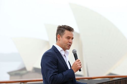 Todd Woodbridge speaks at an ATP Cup announcement in Sydney in 2019