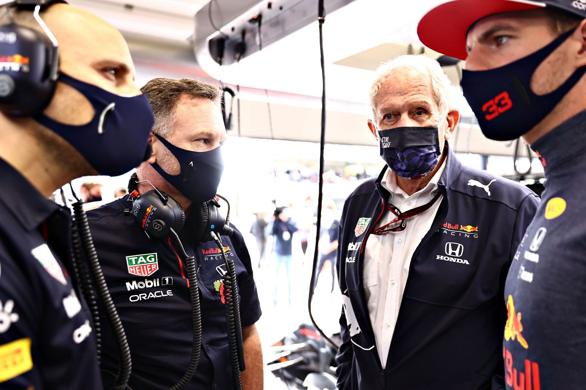 Christian Horner with Helmut Marko and Max Verstappen at the F1 Grand Prix of Brazil - Sprint