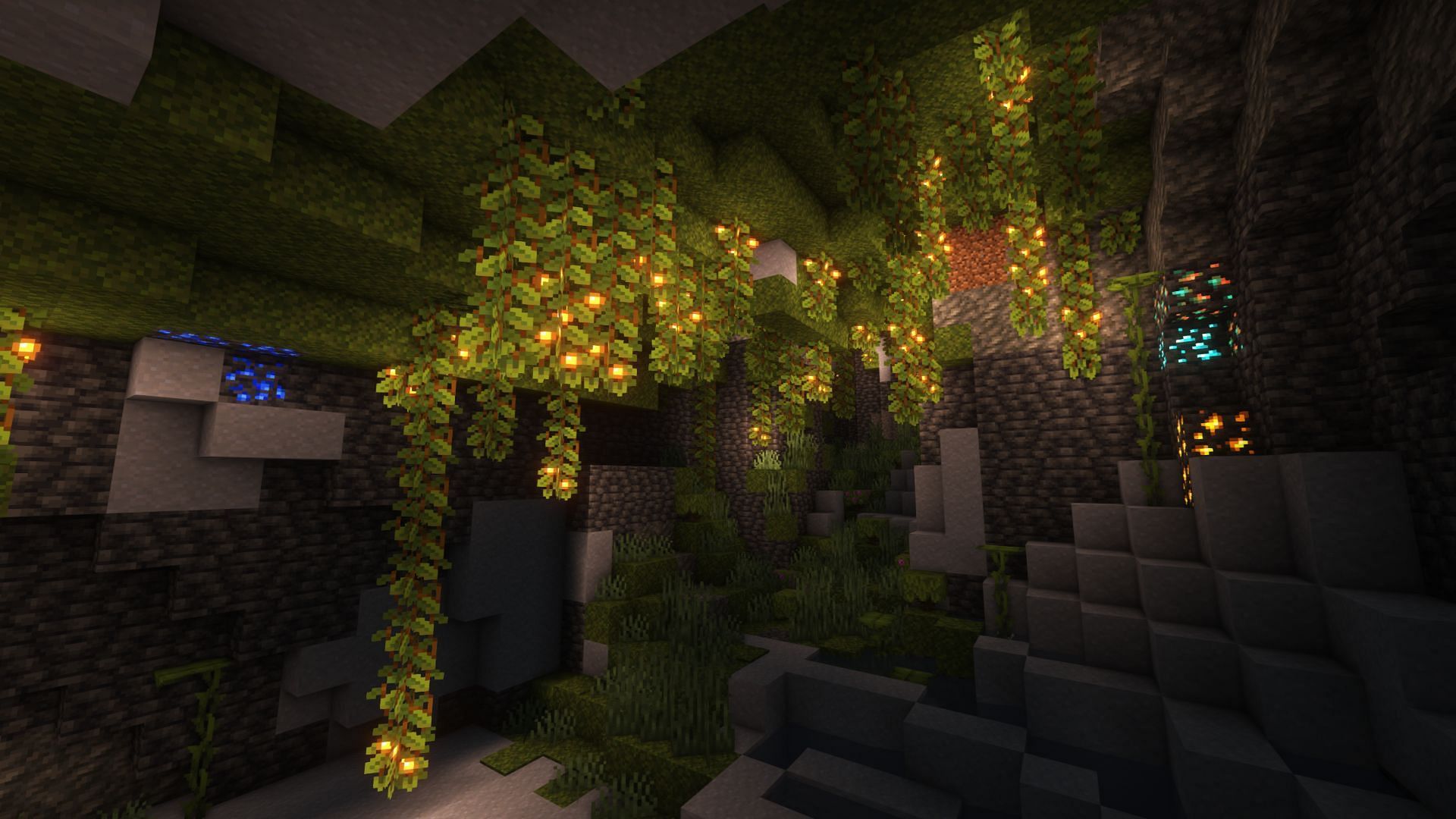 Lush caves in Minecraft 1.18 with shaders (Image via Mojang)
