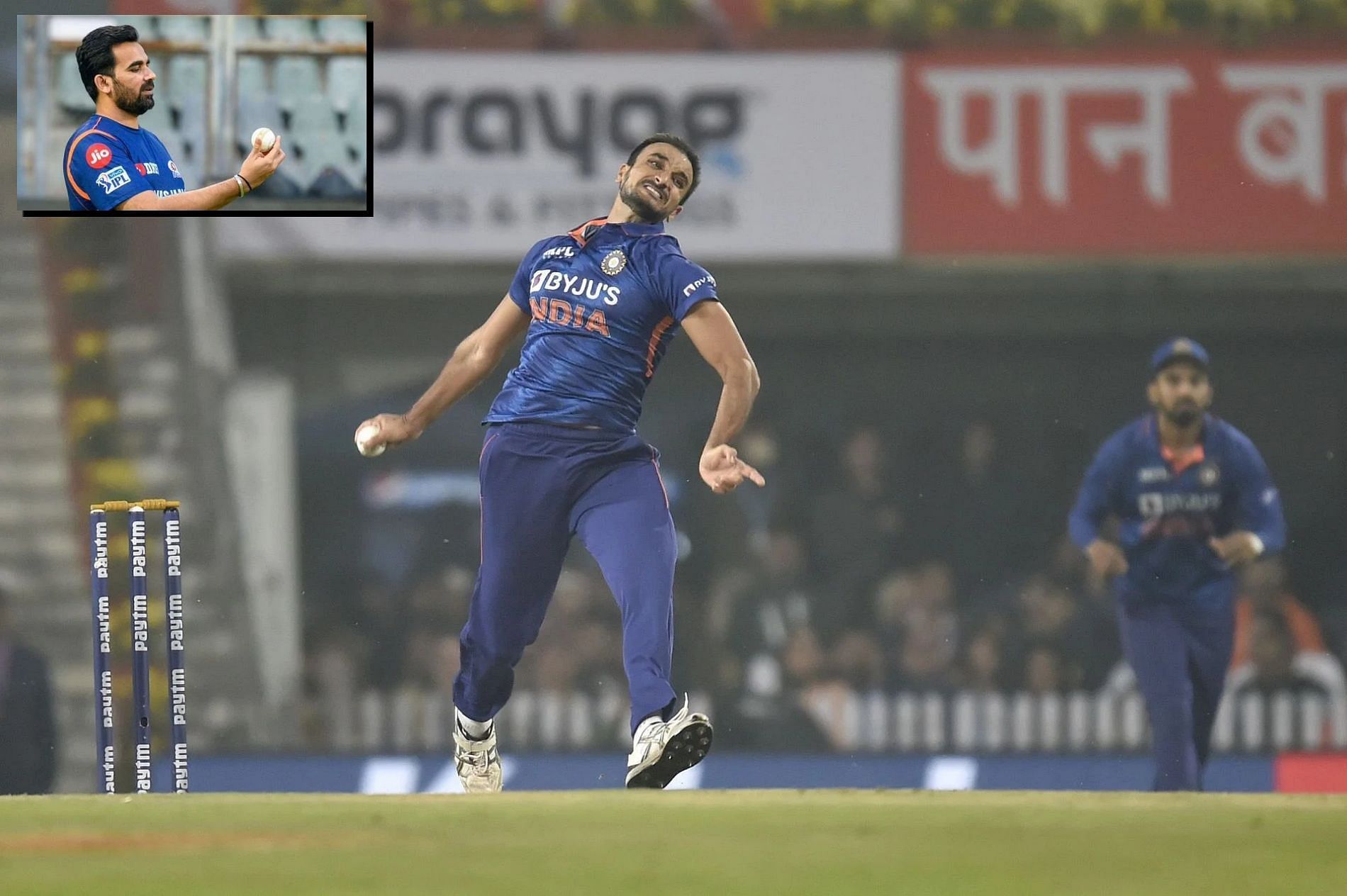 Harshal Patel bowling against New Zealand. Pic: Getty Images; (Inset) Zaheer Khan