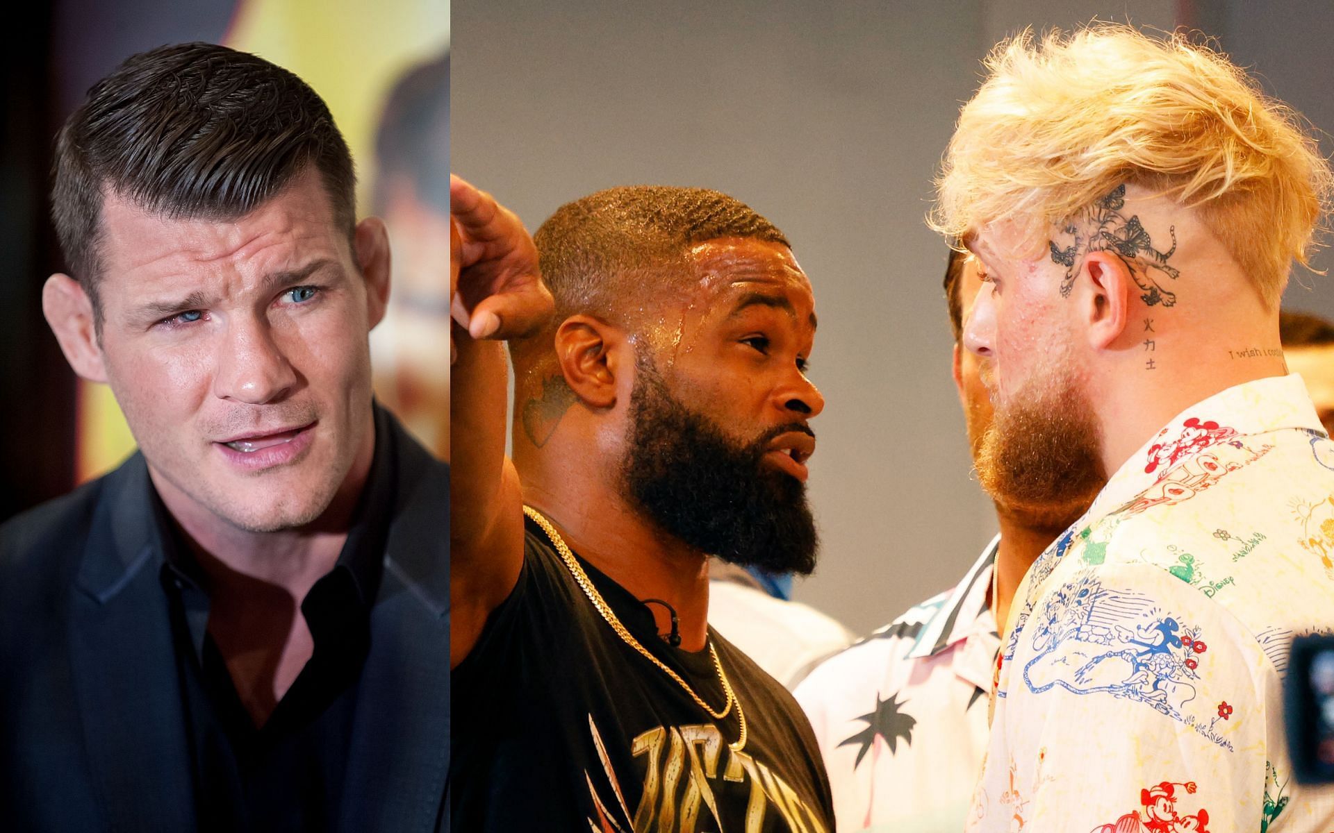 Michael Bisping (left), Tyron Woodley (center) and Jake Paul (right)