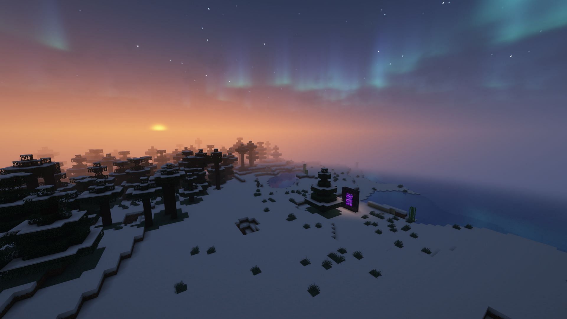 Cold biome with Northern lights (Image via Minecraft)
