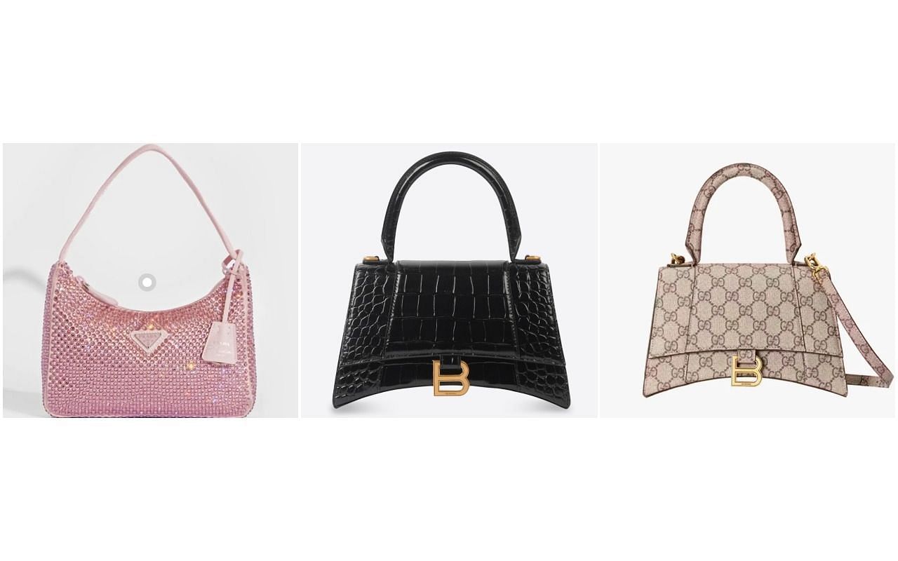 Crystal Prada bag, Balenciaga hourglass handle bag and Gucci x Balenciaga bag (L-R) gifted to Woods (Images via Pinterest)