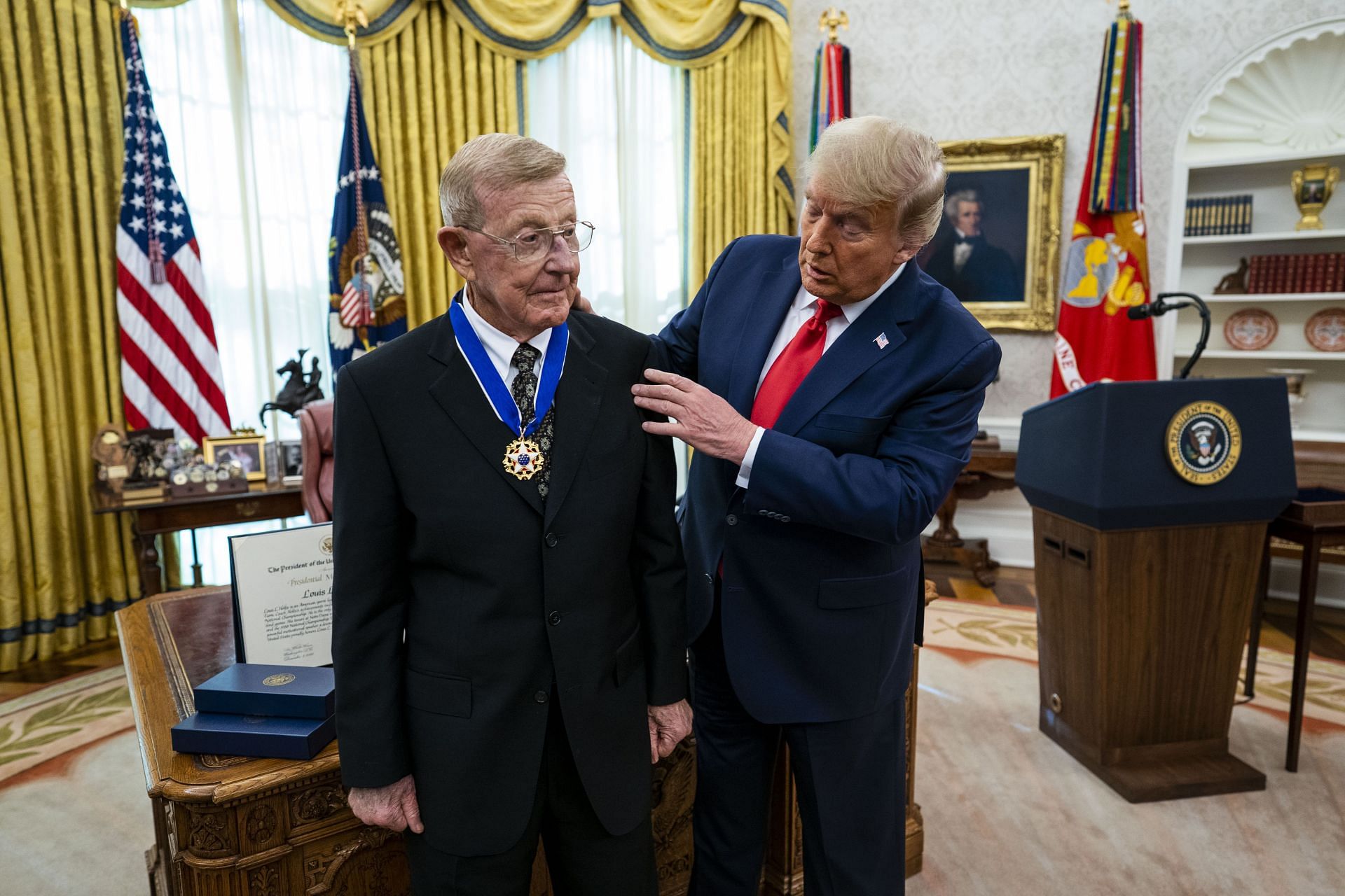 Holtz is awarded the Presdential Medal of Freedom by President Donald Trump in December 2020 (Photo: Getty)
