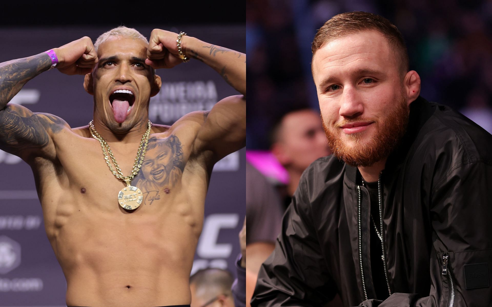 UFC lightweight superstars Charles Oliveira (left) and Justin Gaethje (right)