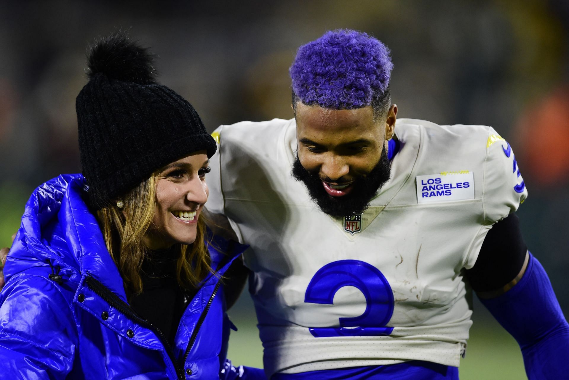 Wide receiver (3) Odell Beckham Jr. of the Los Angeles Rams stands for the  National Anthem before playing against the Arizona Cardinals in an NFL  football game, Monday, Dec. 13, 2021, in