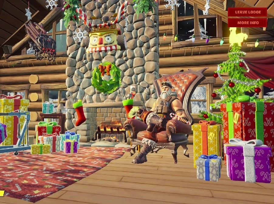 Sgt. Winter is sitting near the Yule Log in the Cozy Lodge during Fortnite WinterFest 2021 (Image via Epic Games)