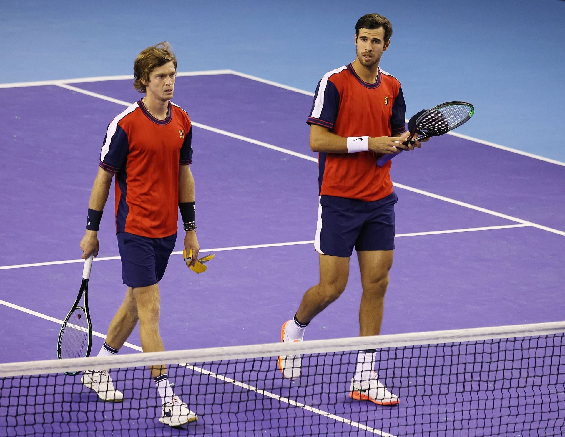 Andrey Rublev (L) with Karen Khachanov during a doubles match at the Kremlin Cup