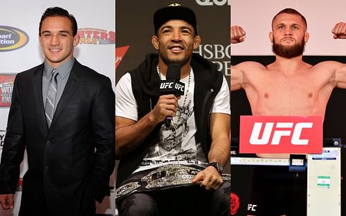 UFC lightweight contenders Michael Chandler (left), Rafael Fiziev (right) and the mixed martial arts legend Jose Aldo (center)