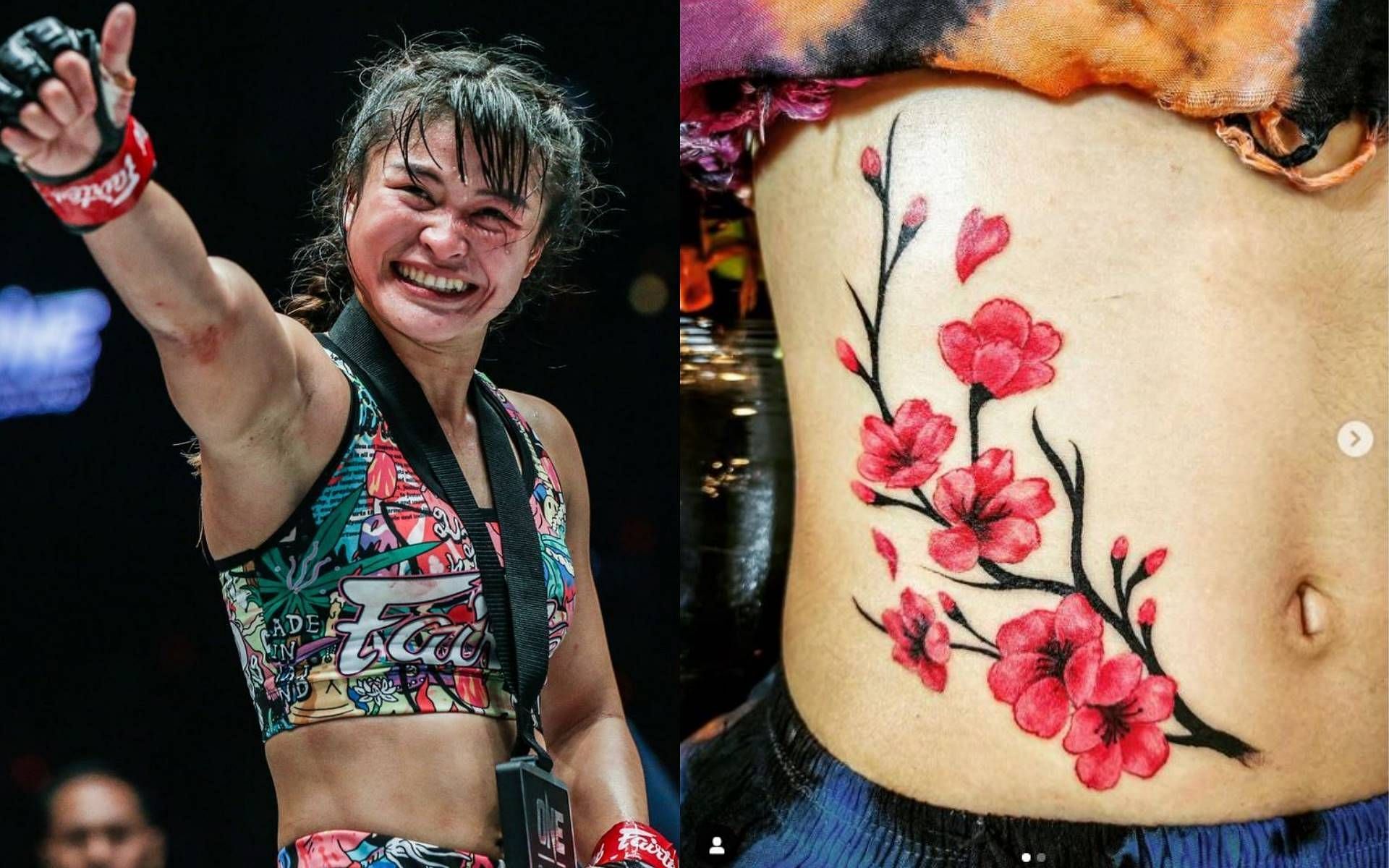 Stamp Fairtex (left) and her new tattoo (right) [Photos: ONE Championship, Instagram]