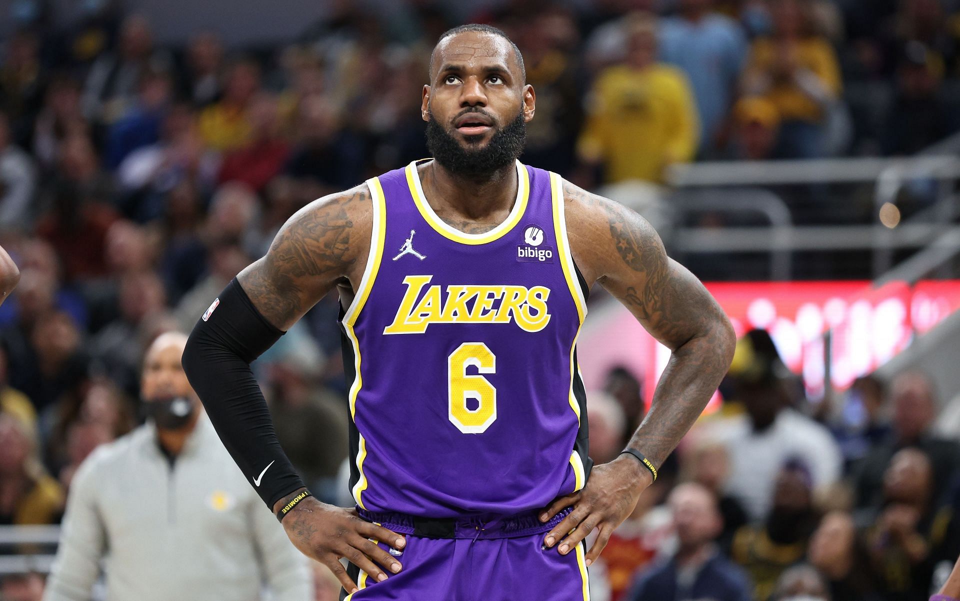 LeBron James #6 of the Los Angeles Lakers against the Indiana Pacers at Gainbridge Fieldhouse on November 24, 2021, in Indianapolis, Indiana.