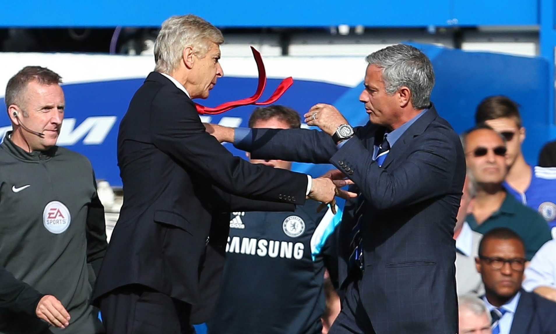 Arsene Wenger (left) and Jose Mourinho created quite a spectacle as they were involved in a sensational touchline push-and-shove in 2014.