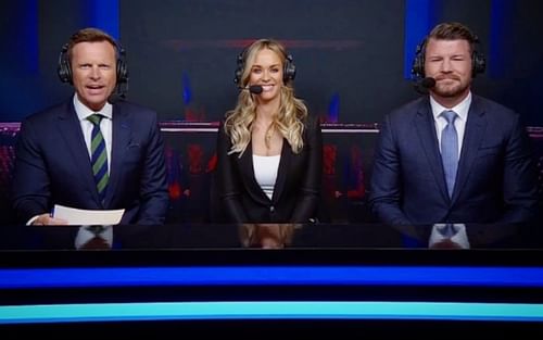 Laura Sanko (center) on the Dana White's Contender Series commentary desk with her colleagues Dan Hellie (left) and Michael Bisping (right) [Image Credit: via @laura_sanko on Instagram]