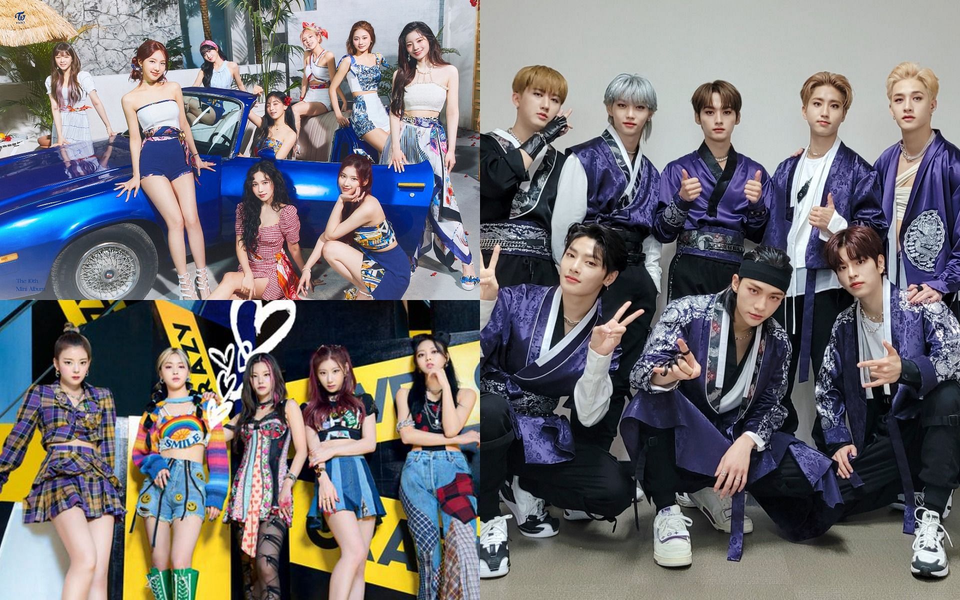 Left top: TWICE; Left bottom: ITZY; Right: Stray Kids (Images via @JYPETWICE, @ITZYofficial &amp; @Stray_Kids/Twitter)