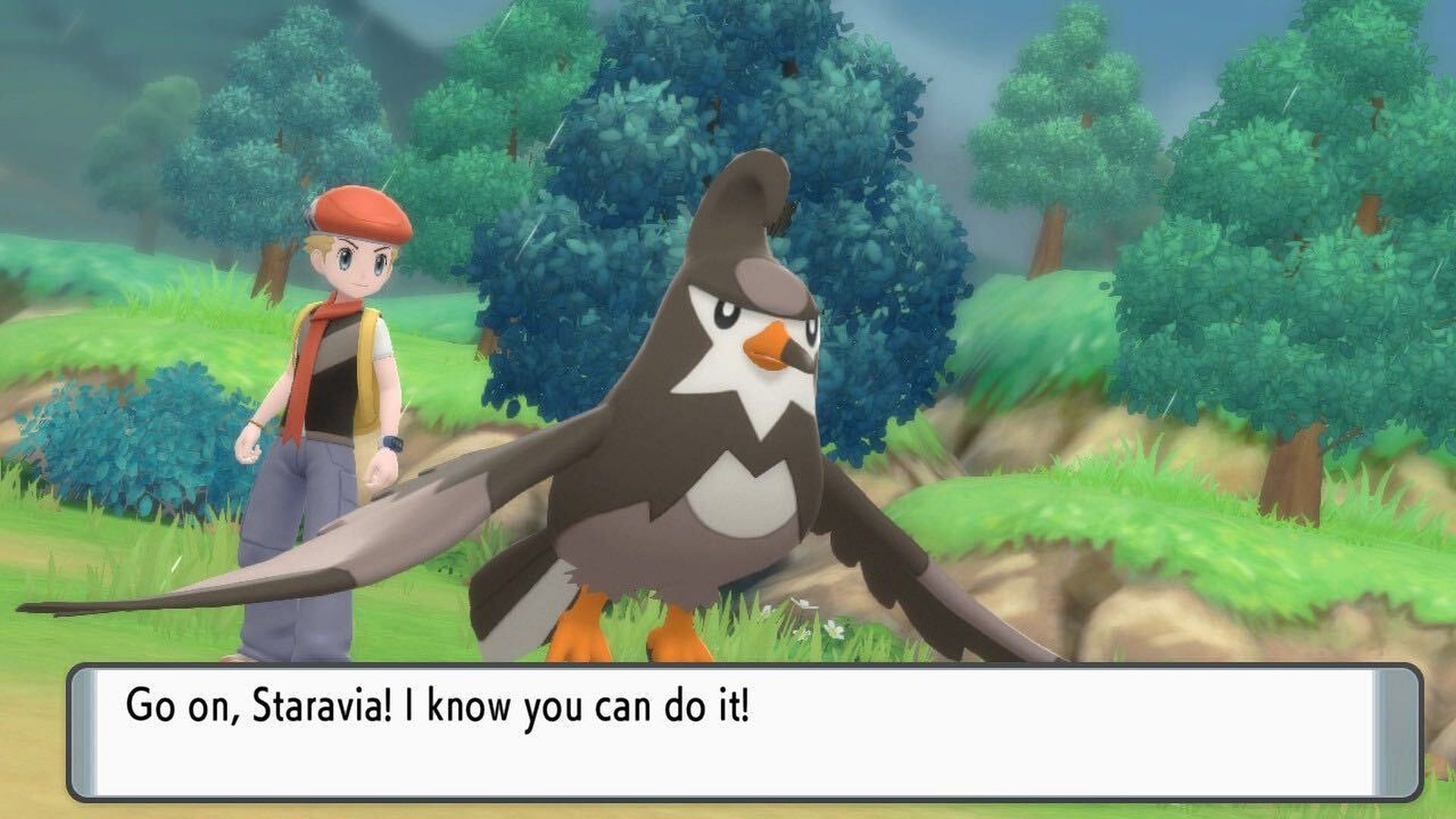 A trainer and their Staravia in BDSP (Image via ILCA)