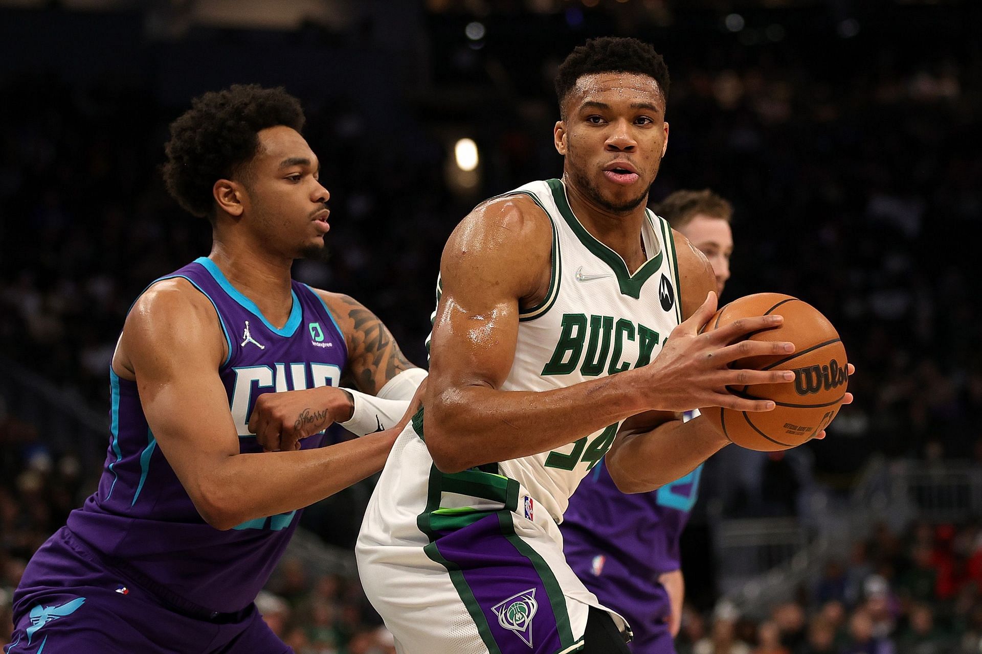 Giannis Antetokounmpo of the Milwaukee Bucks against the Charlotte Hornets.