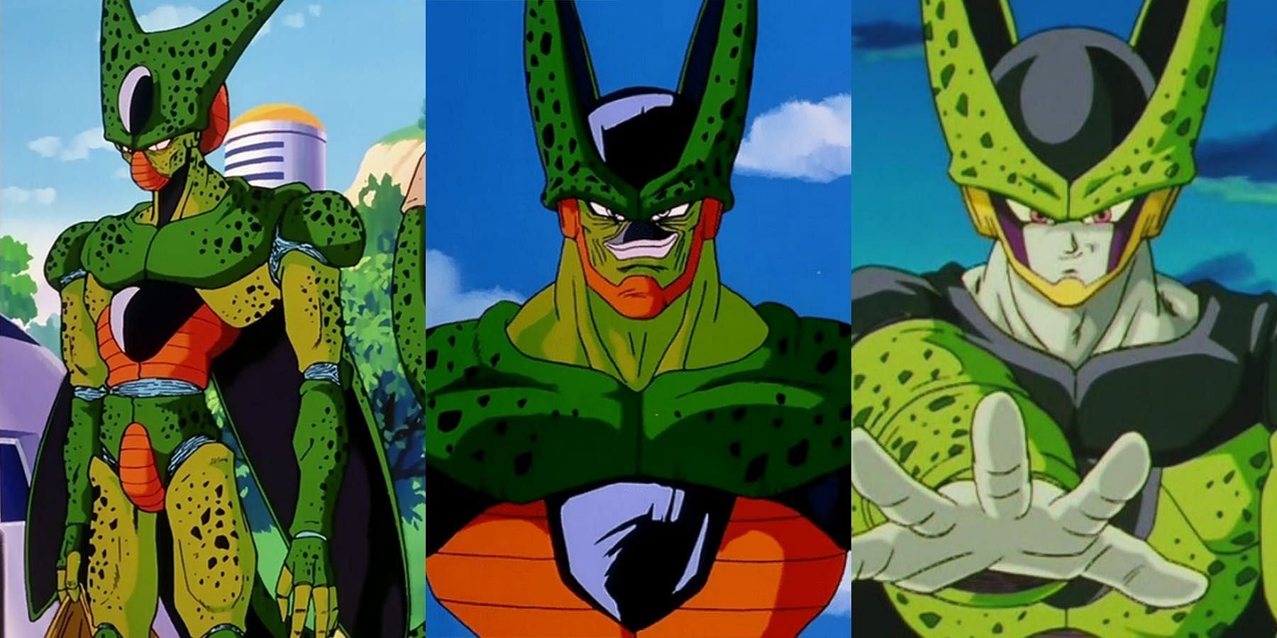 From left to right, Cell&#039;s Imperfect, Semi-Perfect, and Perfect forms. (Image via Toei Animation)