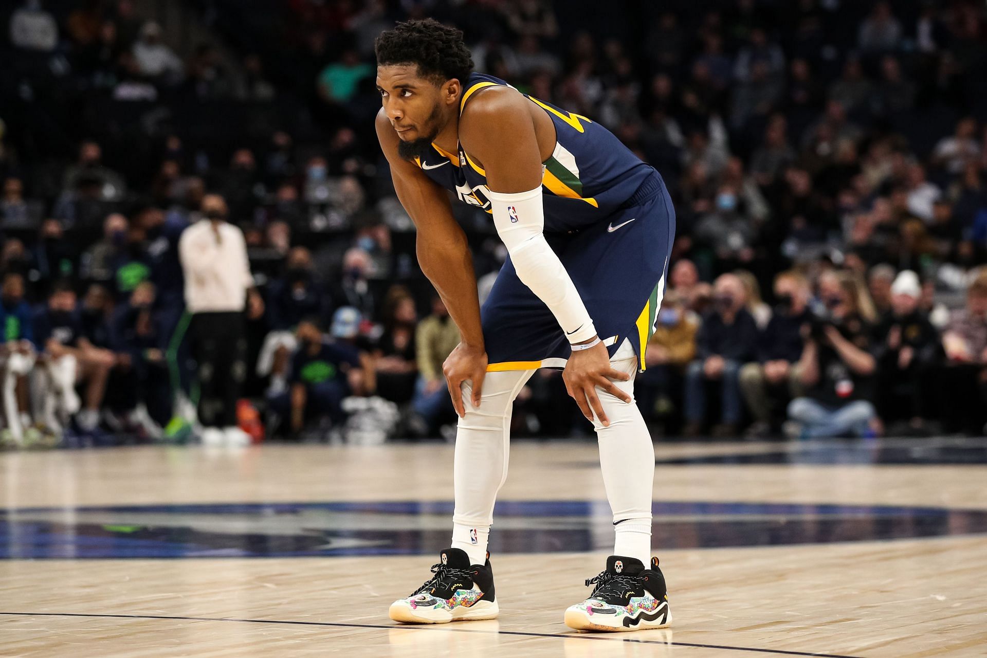 Donovan Mitchell looks on during the Utah Jazz&#039;s game against the Minnesota Timberwolves.
