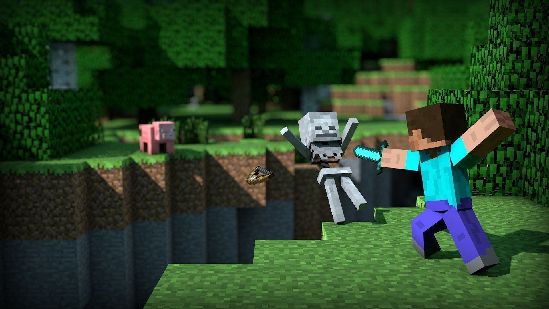 Minecraft&#039;s Steve Fighting a Skeleton (Image via Wallpaper Access)