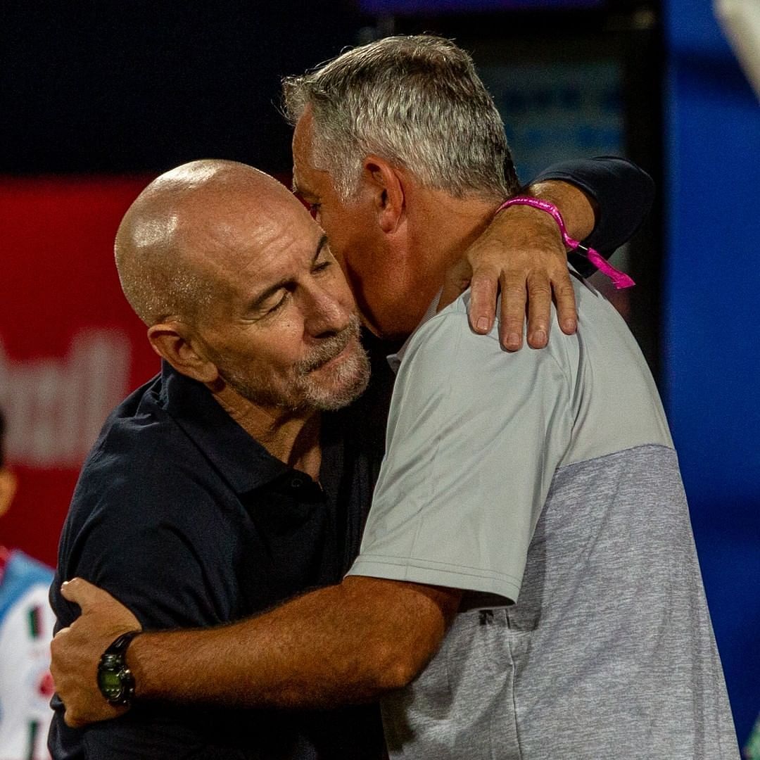 Jamshedpur FC&#039;s Owen Coyle (right) with Antonio Lopez Habas (PC: ATK Mohun Bagan)