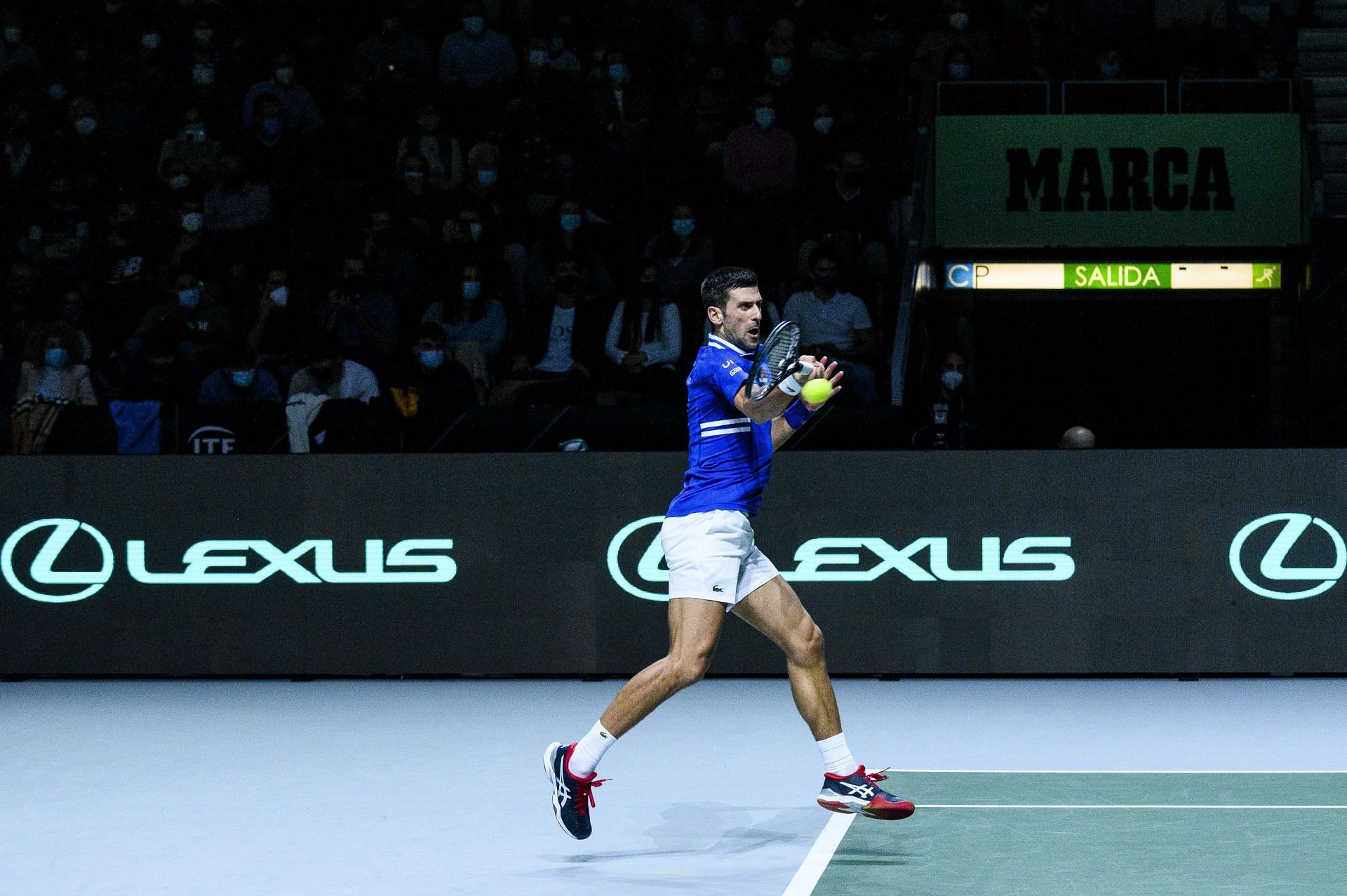 Novak Djokovic plays a forehand at the 2021 Davis Cup Finals