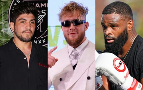 Dillon Danis (left); Jake Paul (center); Tyron Woodley (right)