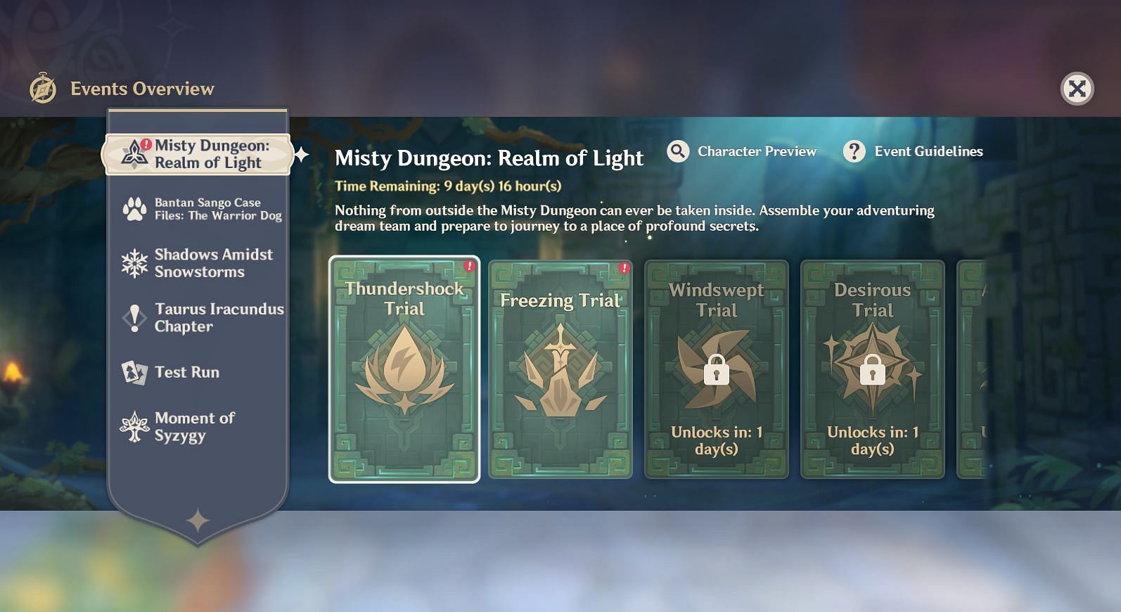 The Misty Dungeon: Realm of Light event page (Image via Genshin Impact)
