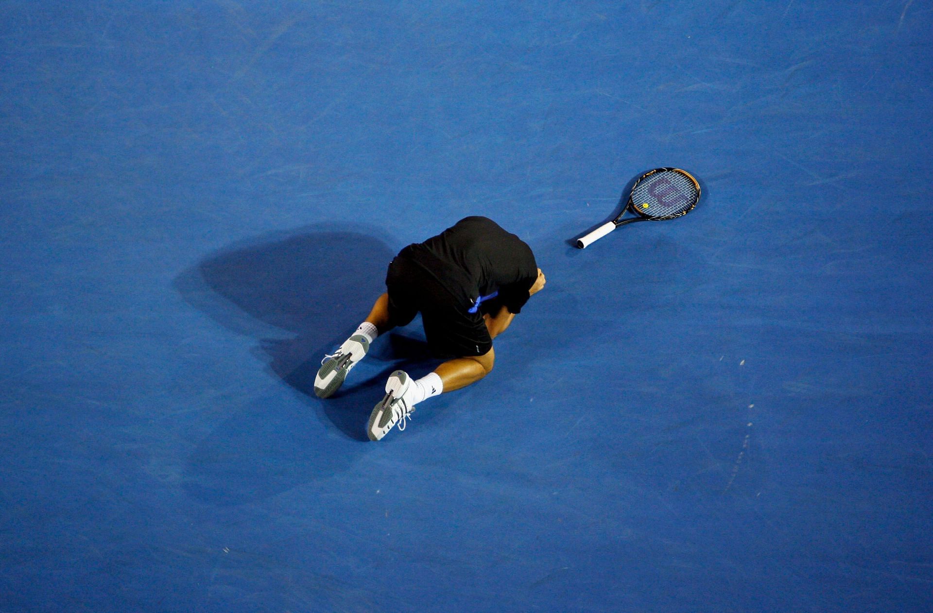 Novak Djokovic celebrating his win over Roger Federer in the 2008 Australian Open semifinal