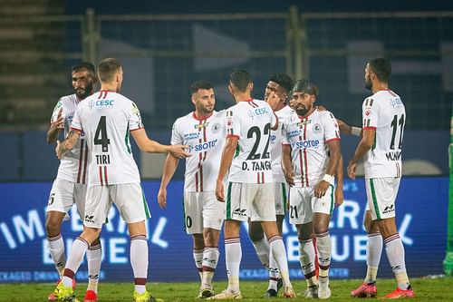 ATK Mohun Bagan players celebrate during their game against NorthEast United. [Credits: ISL]