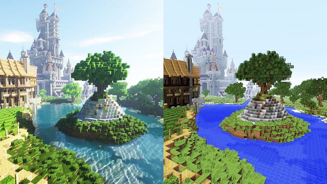 A combination of path-tracing and ray-tracing lighting effects compared to standard Minecraft visuals (Image via Mojang)